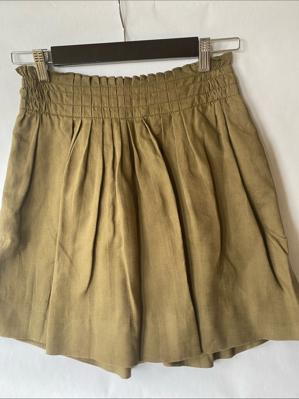 J. Crew Olive Green Linen Smocked Waist Pleated Mini Skirt